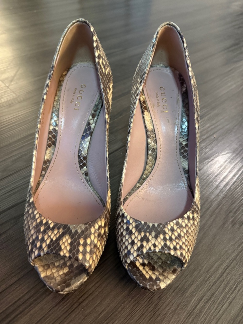 Gucci Taupe and Cream Snake-Print Peep-Toe Heels